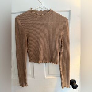 Ribbed Tan Long Sleeve Semi-Crop Top